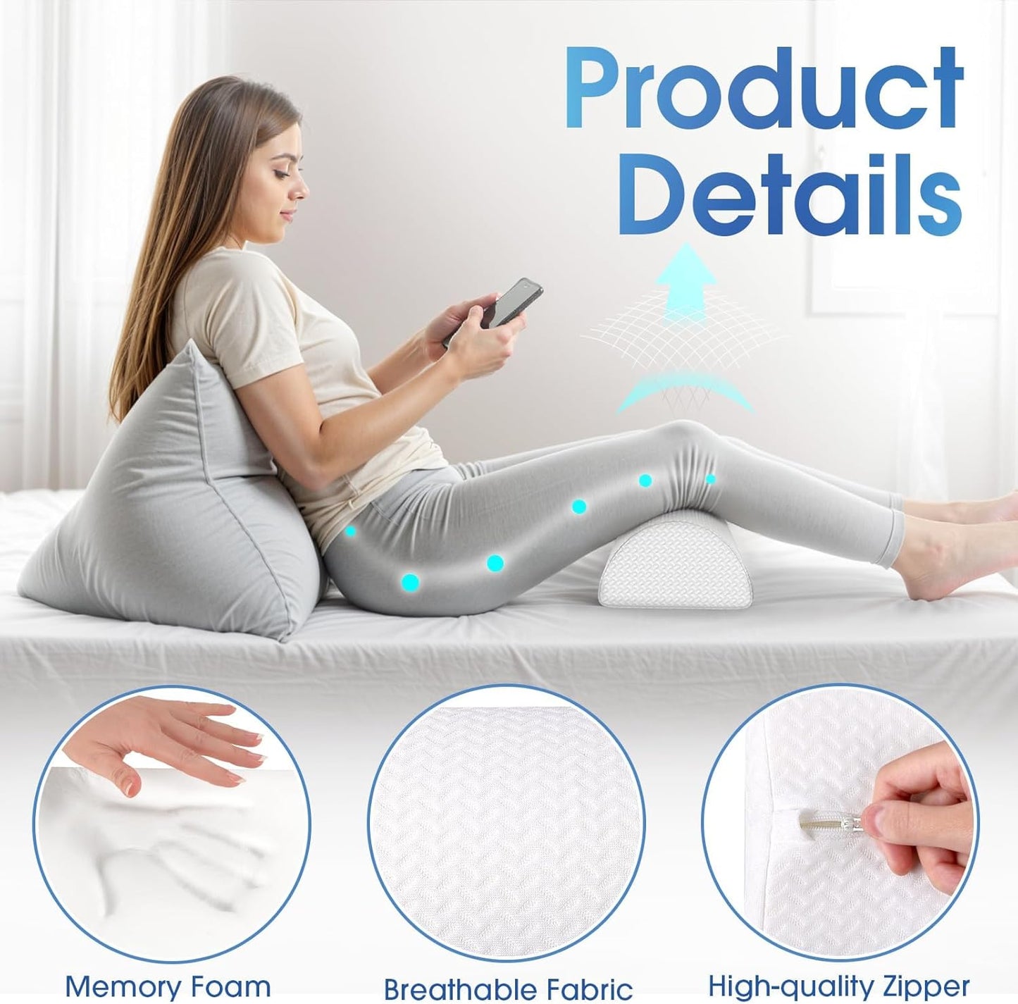 TranquilRelax Knee Pillow for Back Sleeping Memory Foam Half Moon Bolster Pillow for Legs, Under Knee Support, Ankle & Foot Comfort Orthopedic Pillow for Side Sleepers (Grey, 20.4" x 8" x 4.9")