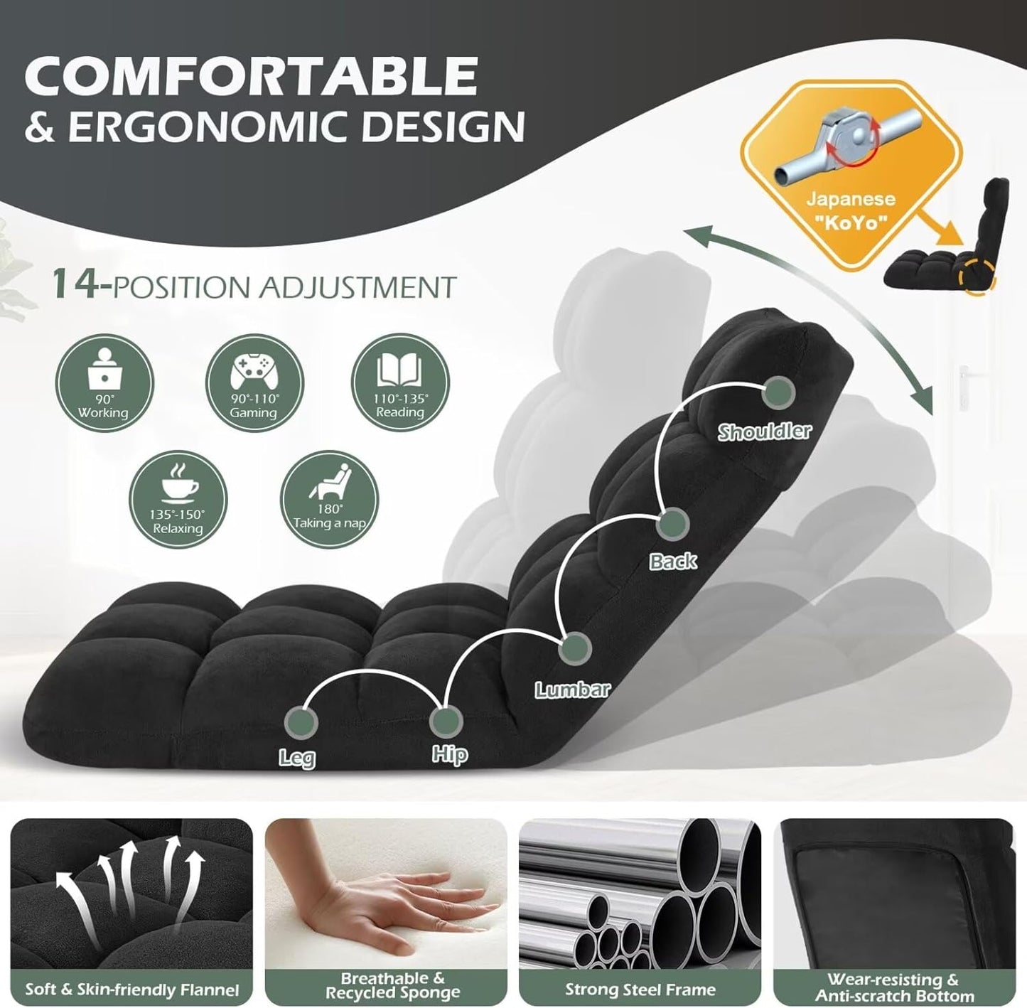 Folding Floor Gaming Chair 14-Poistion Cushioned Adjustable Floor Lazy Sofa Chair w/Breathable Cotton & Skin-Friendly Coral Velve for Adults & Kids Perfect for Reading Gaming Meditating, Grey