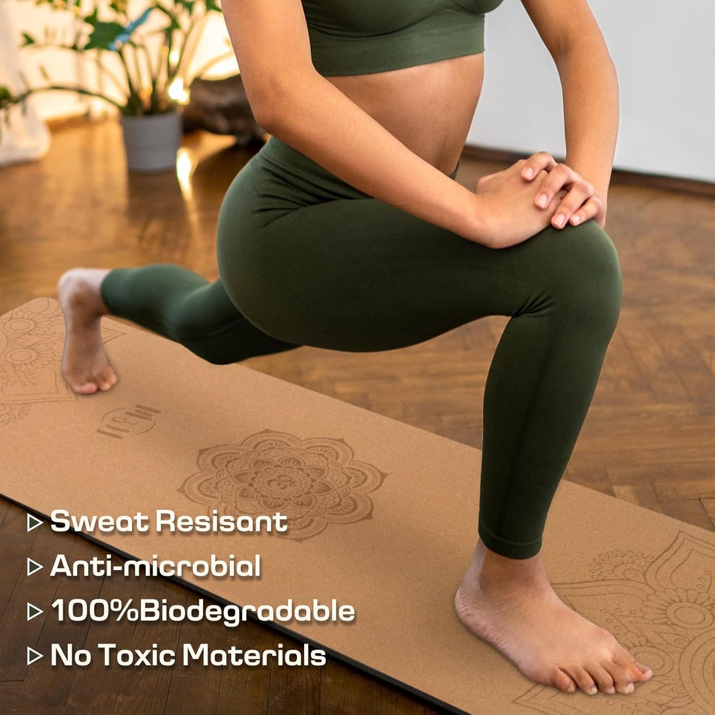 U&M Cork Yoga Mat Non-Slip, Resists Sweat and Odors Exercise Mat with Carrying Strap for Hot Yoga, Pilates, Floor & Fitness Workouts, Fitness Mats Non-Slip Natural Rubber Base & Cork Mat (72'' x 26'' x 5mm Thick)