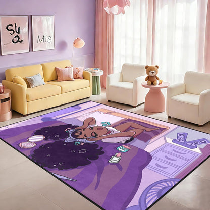 Black Girl Area Rug for Bedroom African Black Girls Floor Rugs for Living Room Playroom Cartoon Art Home Decor Soft Yoga Mats for Women Afro Purple 47" x 31" (2.7 x 3 Feet)