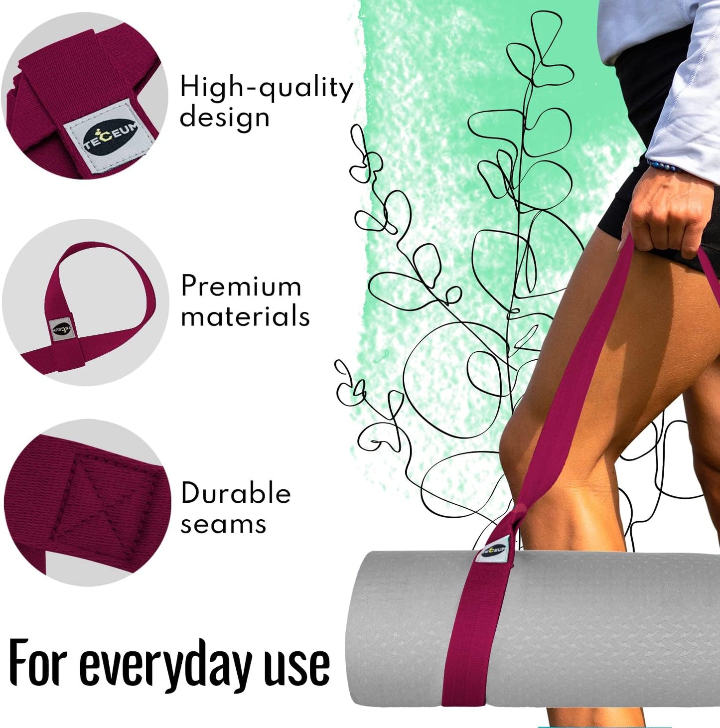 TECEUM Yoga Mat Strap – 30+ Colors – Adjustable Mat Holder Sling Carrier for All Mats [Mat Not Included]