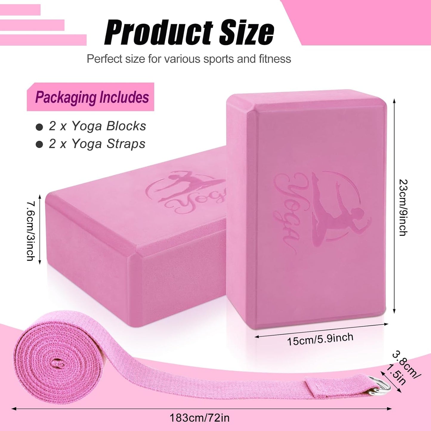 RETON Yoga Blocks Set, High - Density Yoga Block with 2 Strap, Lightweight Foam Brick Yoga Pilates Blocks, Anti-Slip Yoga Brick with Embossed Design for Posture Adjustment and Movement Assistance