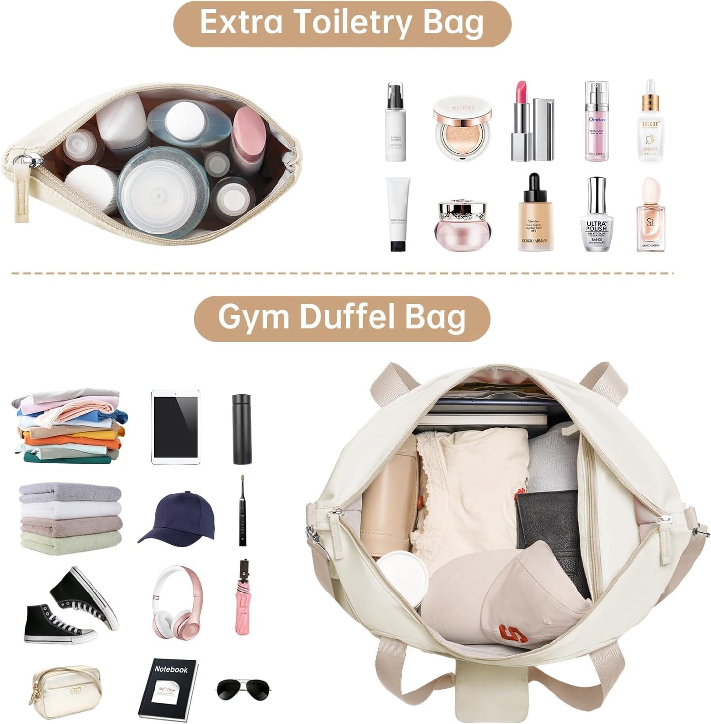 ETRONIK Gym Bag for Women, Personal Item Travel Bag with Shoes Compartment, Weekender Overnight Duffel Bag with Wet Pocket, Carry On Bag for Women, Travel, Gym, Weekend (Beige)