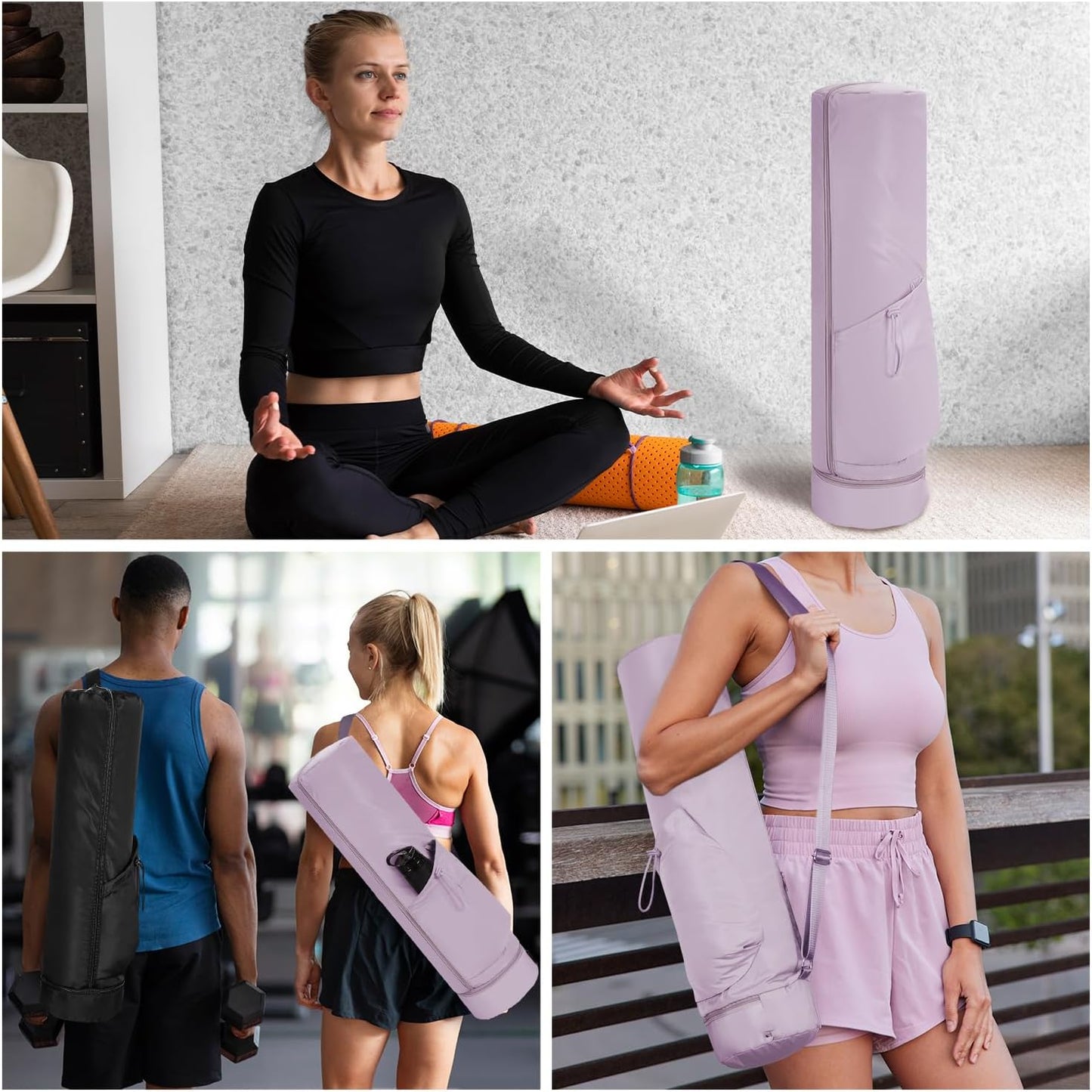 sportsnew Yoga Mat Bag, Full Zip Cargo Yoga Mat Carrier Bag with Drawstring Water Bottle Pocket and Bottom Wet Pocket, Exercise Yoga Mat Carrier Holder Multi-Functional Storage Bag Patent Pending
