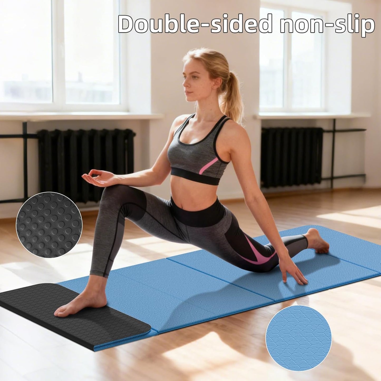 Foldable Yoga Mat Thick 10mm-WUWAN Extra Large Exercise Mat, TPE Material, Non-Slip Fitness Folding Mat Easy to Carry, Suitable for Home Workout Travel Pilates (75" x40",2/5") (Blue)