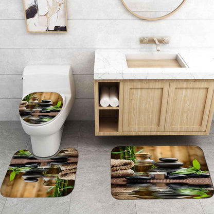 4PCS Spa Zen Shower Curtain Sets with Rugs, White Shower Curtain, Pink Floral Orchid Lotus Water Lily Stone Bamboo Water Reflection Yoga Massage Relaxing Spiritual Meditation Bathroom Decor