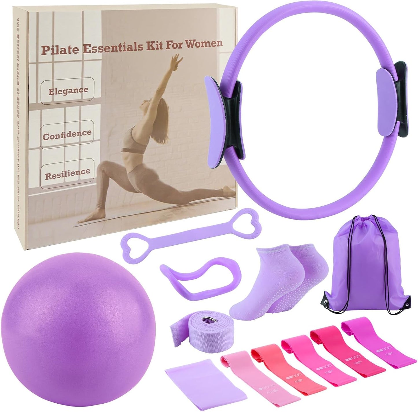 ASIEIT 13 PCS Pilates Kit for Women, Home Pilates Equipment with 5 Resistance Bands, 14'' Magic Circle, Pilates Ball and Ring, Compact Workout Set for Home Workout, Strength and Flexibility