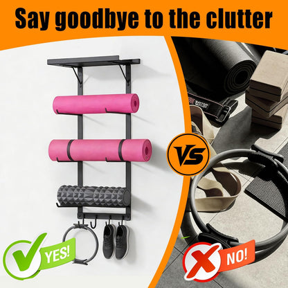 Black Wall Mount Yoga Mat Holder with Floating Shelf & 5 Hooks, Home Gym Storage Rack for Yoga Mats, Foam Rollers and Resistance Bands, Metal