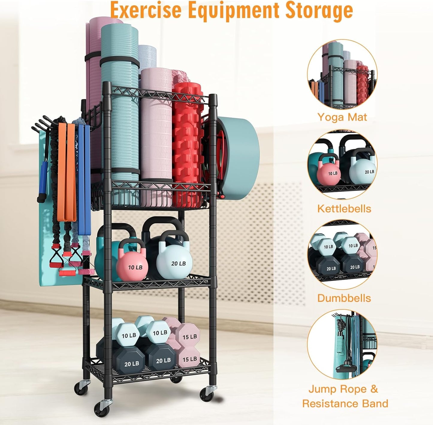 FUTASSI Home Gym Storage, 3 Tiers Workout Equipment Organizer with Wheels for Yoga Mats, Foam Roller, Dumbbells, Kettlebells, and Resistance Bands