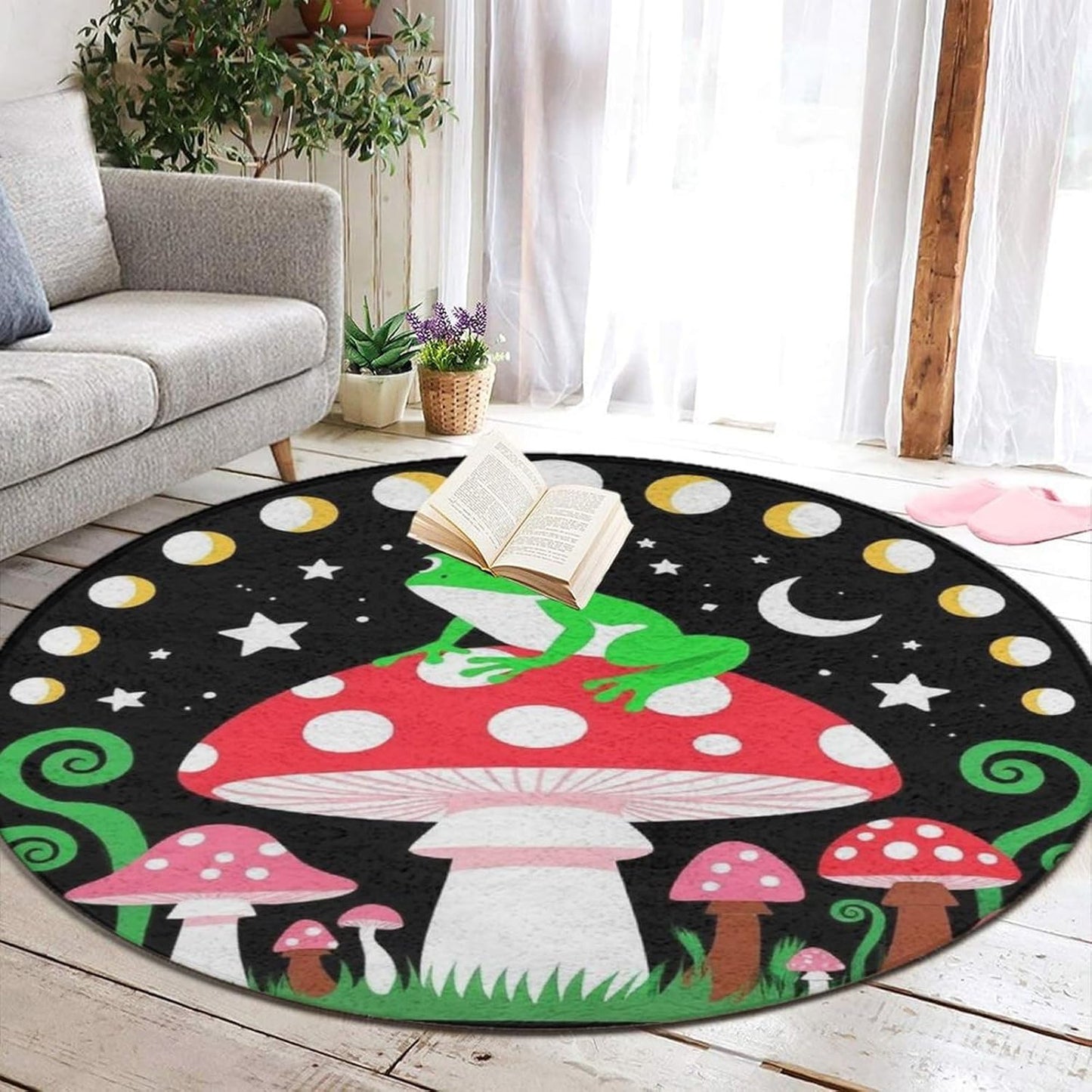 Large Home Decor Mat, Soft Round Yoga Carpet, Non Slip Machine Washable Home Office Circle Rug Gothic Witchy Sun Moon Mushroom Moth