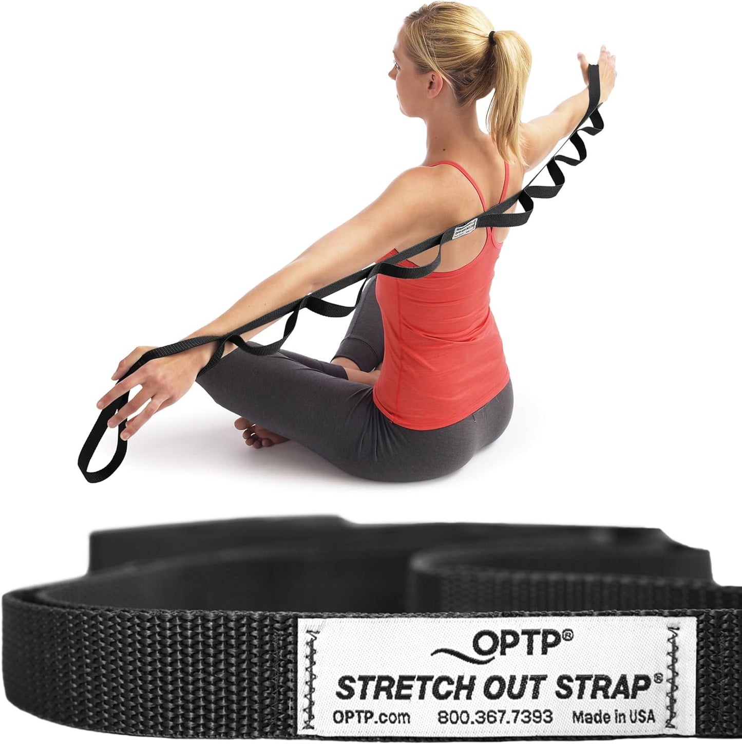 OPTP The Original Stretch Out Strap XL with Exercise Book, USA Made Stretch Out Straps for Physical Therapy, Yoga Stretching Strap or Knee Therapy Strap - Ten Loops, 7'5" Strap