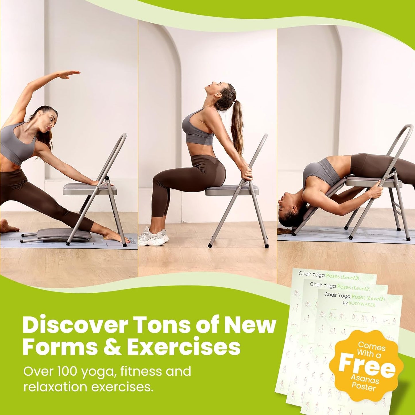 Foldable Yoga Auxiliary Chair with 3 Training Guide Posters for Versatile Exercises, Yoga Assist Handstand Chair with Detachable Lumbar Back Support for Stretching, Balance Training. (Black)