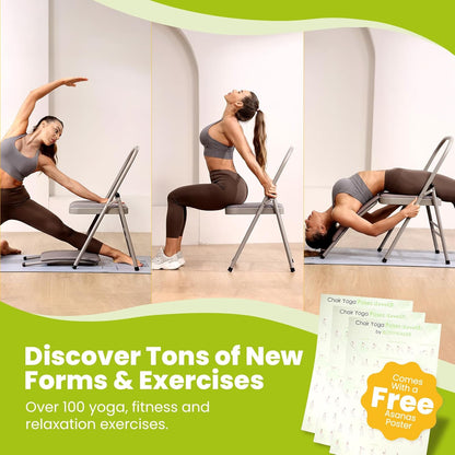Foldable Yoga Auxiliary Chair with 3 Training Guide Posters for Versatile Exercises, Yoga Assist Handstand Chair with Detachable Lumbar Back Support for Stretching, Balance Training. (Black)