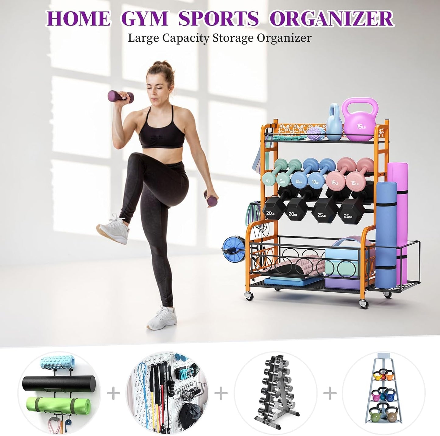 400LBS Dumbbell Rack, VOPEAK Adjustable Weight Rack for Home Gym, Home Gym Storage Rack for Yoga Mat Kettlebells and Strength Training Equipment, Weight Storage Rack for Dumbbells with Wheels