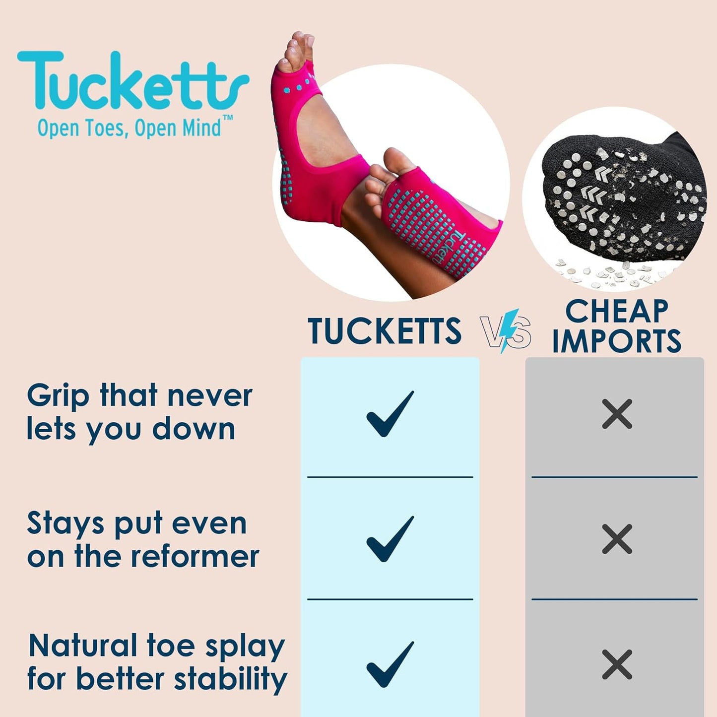Tucketts Allegro Toeless Pilates Socks with Grips for Women, Non-Slip Open-Toe Grip Socks, Yoga, Barre, Dance, Reformer, Home