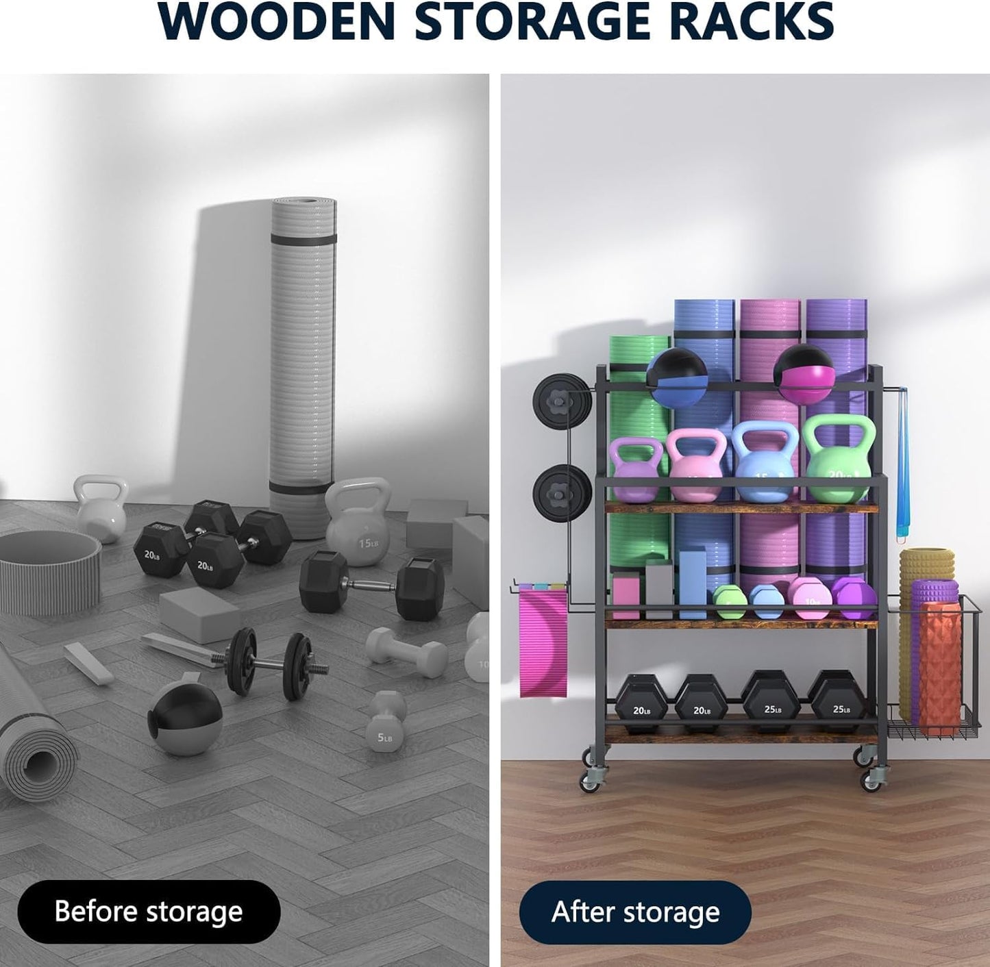 EasyCom Home Gym Storage, 4 Tier Large Capacity Rack for Dumbbells Kettlebells Foam Roller, Yoga Mat Strap and Resistance Bands, Exercise/Workout Equipment Storage Gym Organizer With Hooks and Wheels