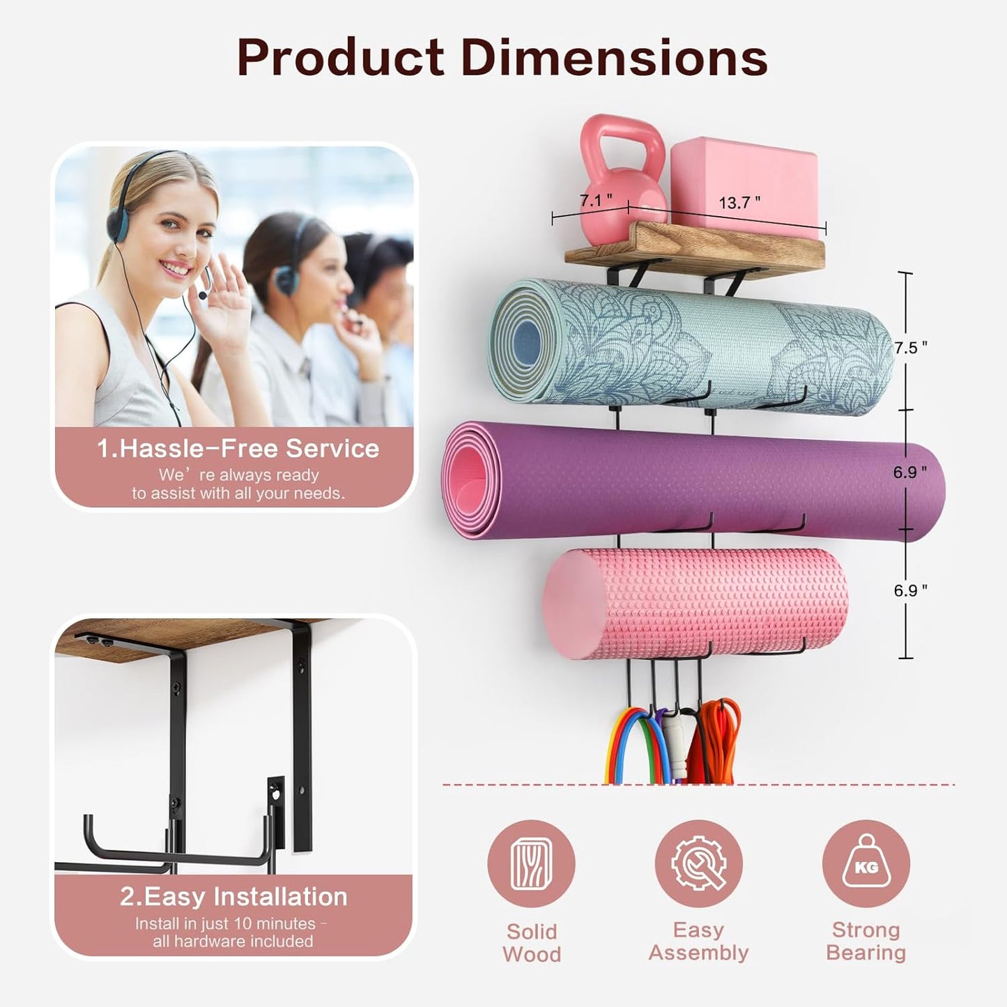 VINAEMO Yoga Mat Holder Accessories Wall Mount Organizer Storage Decor Foam Roller and Towel Storage Rack with 4 Hooks and Wooden Shelves Yoga Mats Rack Resistance Bands for Home Gym School Office