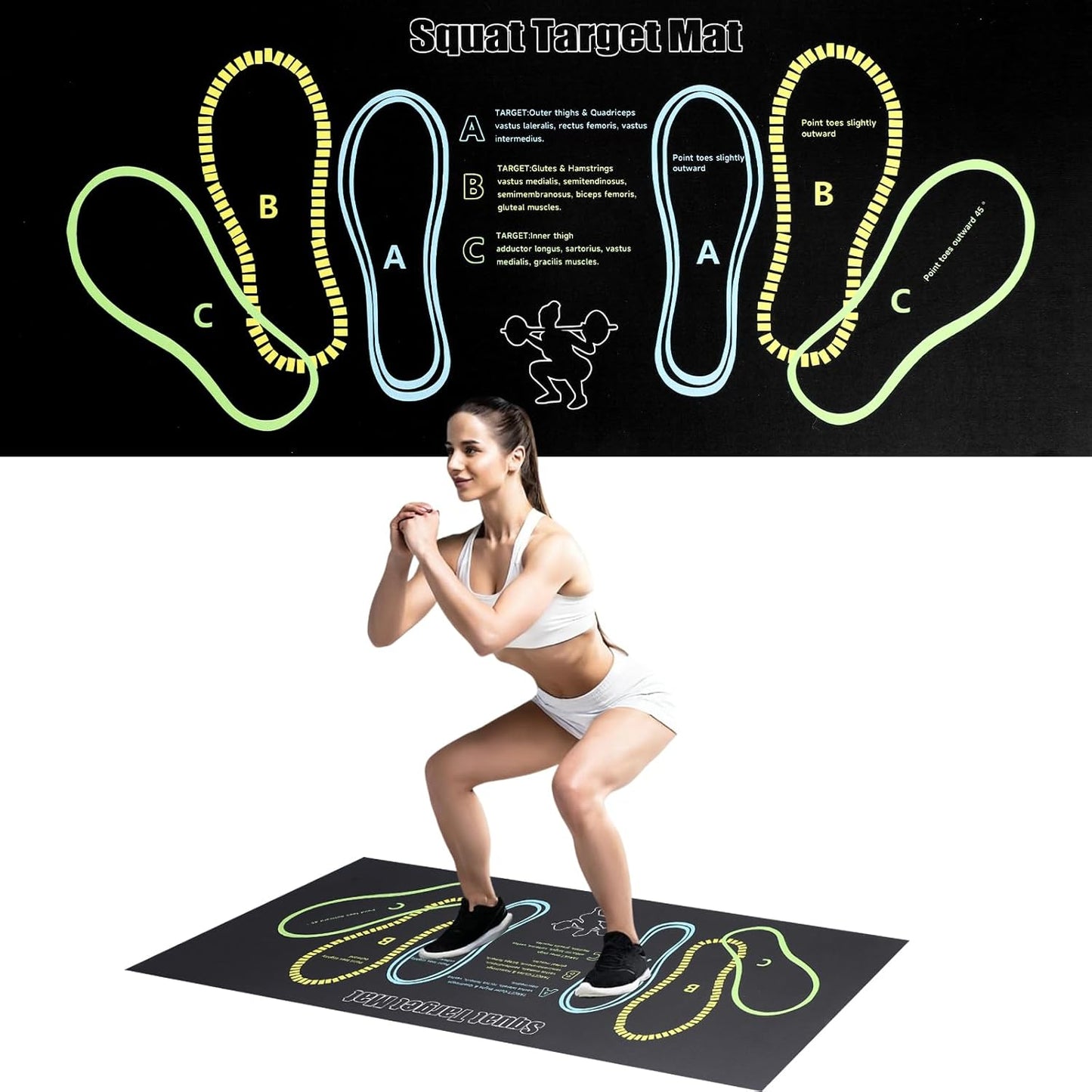 Squat Mat with Foot Position,Large Squat Target Pad 30'' X 13.8'',4mm Thickness Squat Mat Foot Positioning, Exercise Mat for Squats, Leg and Abdominal Workouts