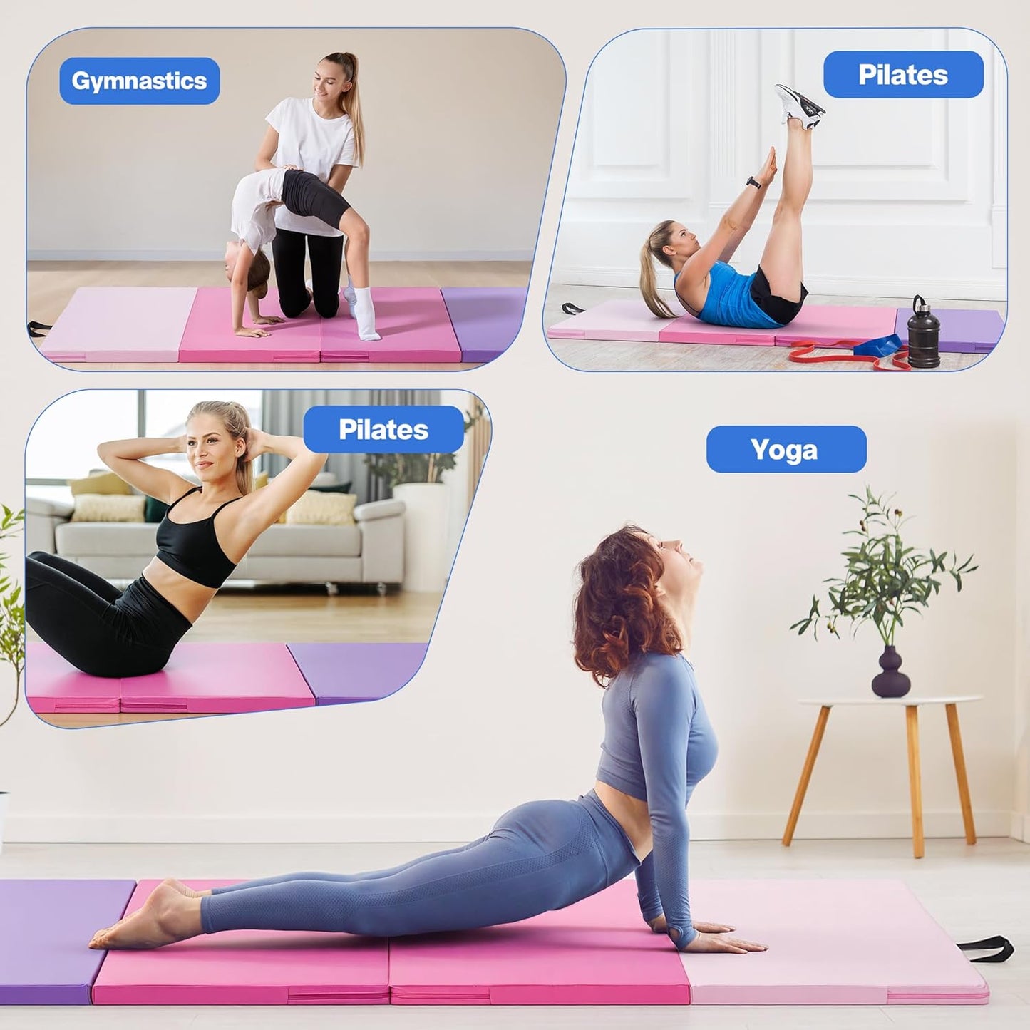 Outdoor Basic 6'x3'x2'' Gymnastics Mats Portable 4-Fold Tumbling Mat Thick Yoga Mat with PU Leather & Carry Handle for Home Workout, Yoga, MMA Core Training, Pilates