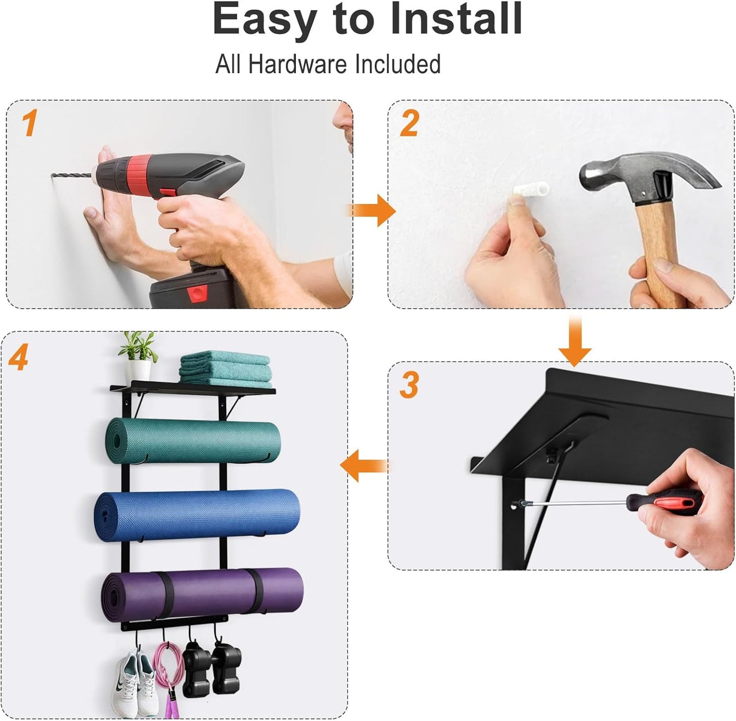 Yoga Mat Holder Wall Mount, Wall Mounted Yoga Mat Storage Rack with Shelf & Hooks, Home Gym Yoga Accessory Organizer for Mats, Foam Roller, Bands & Workout Equipment