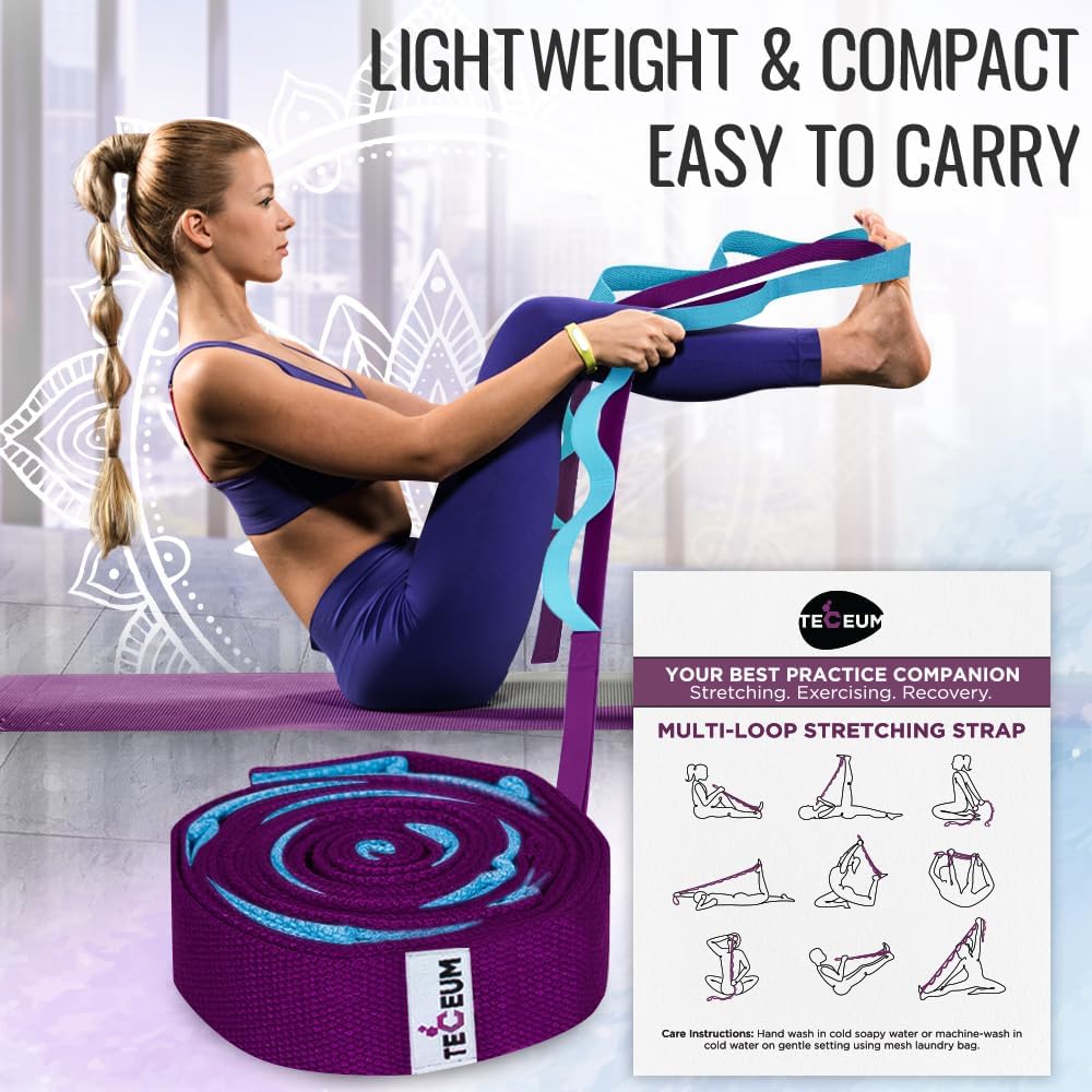 TECEUM Soft Cotton Stretching Strap for Sensitive Skin – Yoga Strap for Physical Therapy – 10 Loops Non-Elastic Stretch Band for Flexibility, Hamstring, Pilates & Rehab