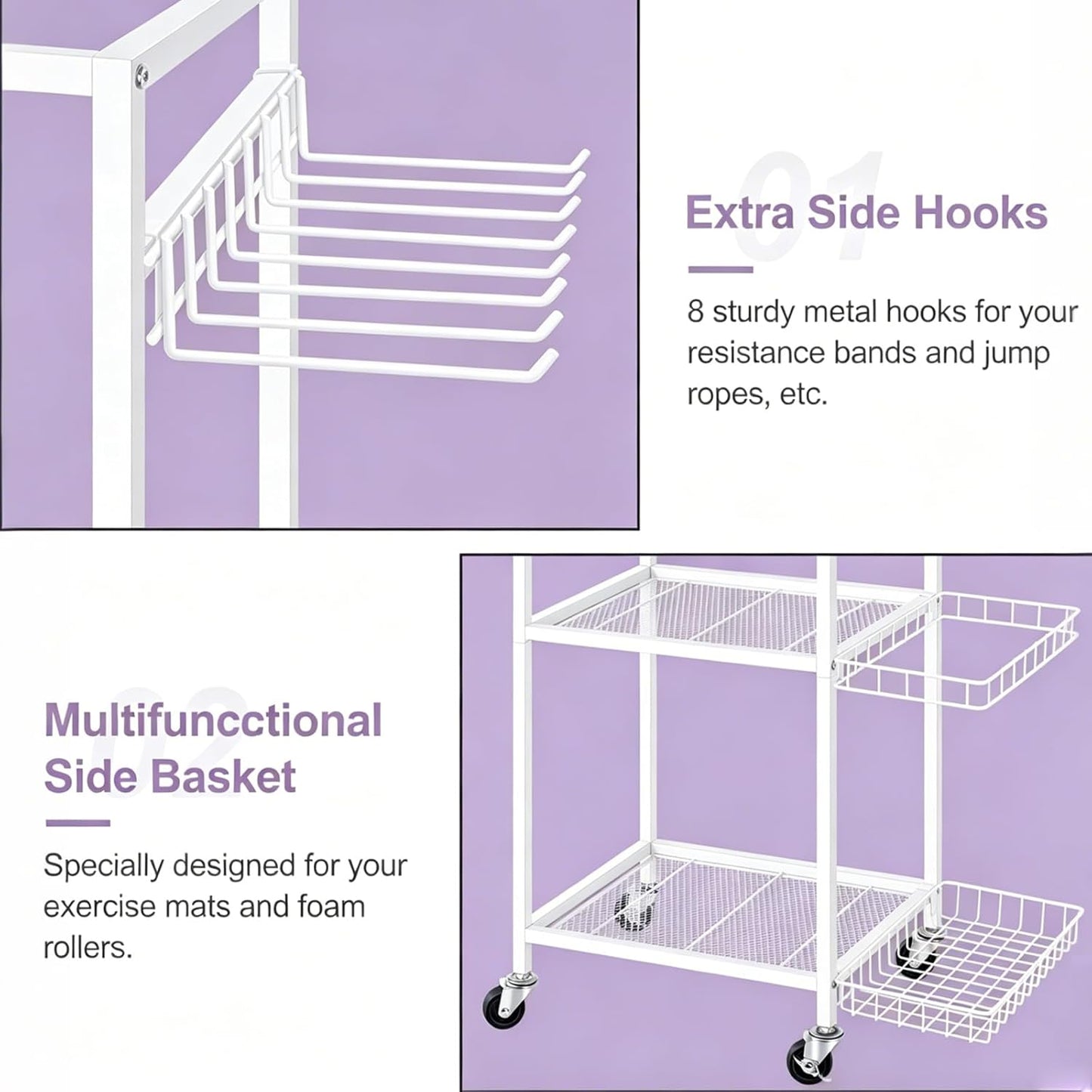 Workout Equipment Storage Rack Metal Yoga Mat Storage Rack, Weight Cart Home Gym Storage Rack with Wheels for Dumbbells, Yoga Mats, Kettlebells, Foam Rollers