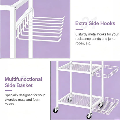Workout Equipment Storage Rack Metal Yoga Mat Storage Rack, Weight Cart Home Gym Storage Rack with Wheels for Dumbbells, Yoga Mats, Kettlebells, Foam Rollers