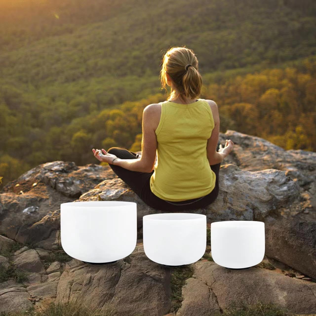 RYAN DVAN 432Hz Crystal Singing Bowls Set of 3 – 7" B Crown, 8" G Throat, 9" F Heart Sound Bowls with Case, Suede Striker & O-Rings for Chakra Healing, Yoga, Meditation & Reiki