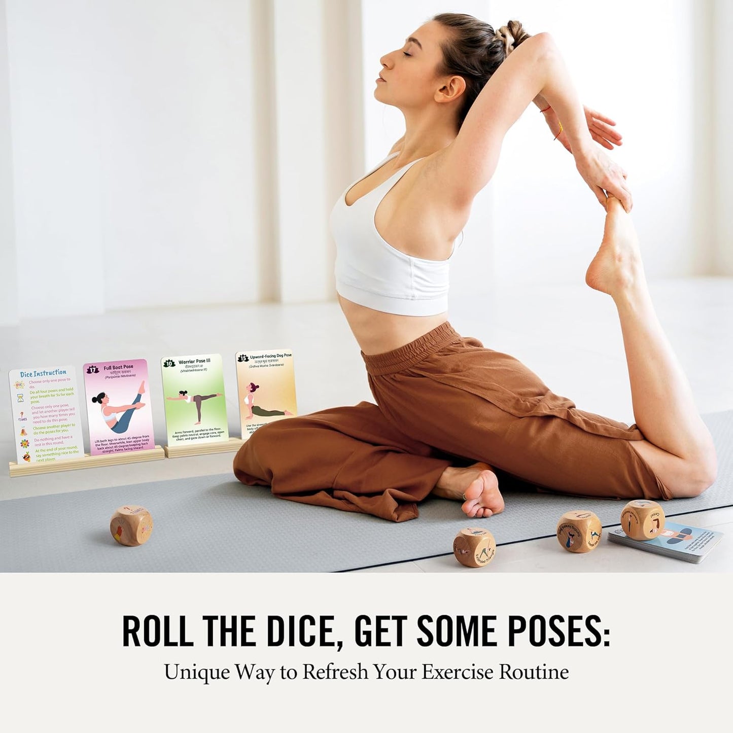 Homotte Yoga Cards and Wooden Yoga Dice Set for Beginners, Kids Yoga Accessories Pose Workout Kit with 4 Dice, 8 Card Holder, Gift for Women