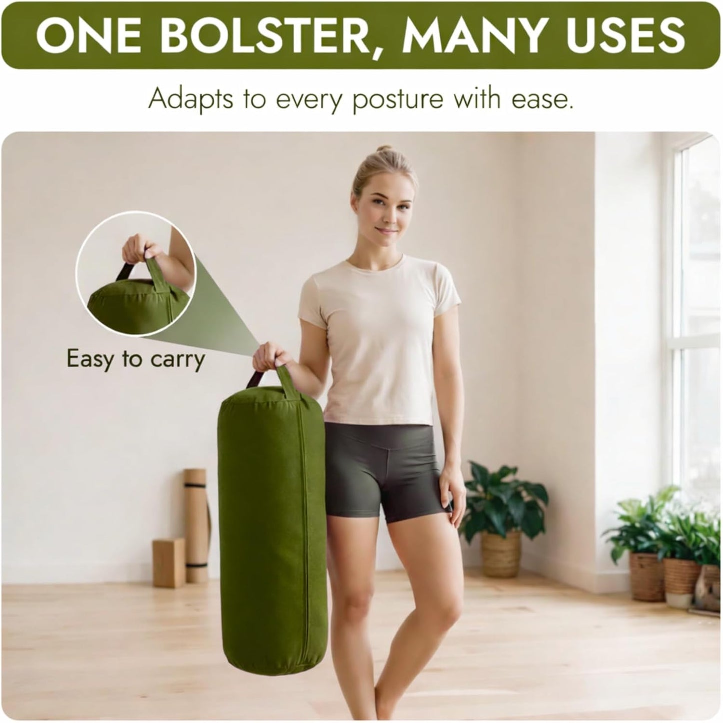 Yogikuti Iyengar Yoga Bolster for Restorative Yoga and Meditation – Lightweight Cotton Support Pillow with Handle for Easy Carry, Versatile for Pose Modification, Balance, Back Relief, and Relaxation