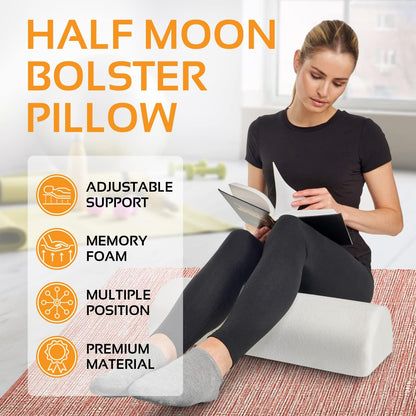 AllSett Health Half Moon Bolster Pillow for Legs, Back and Head (2 Pack) Semi Roll for Ankle and Foot Comfort with White Cotton Machine Washable Cover | Premium Memory Foam | 2 Pillow System