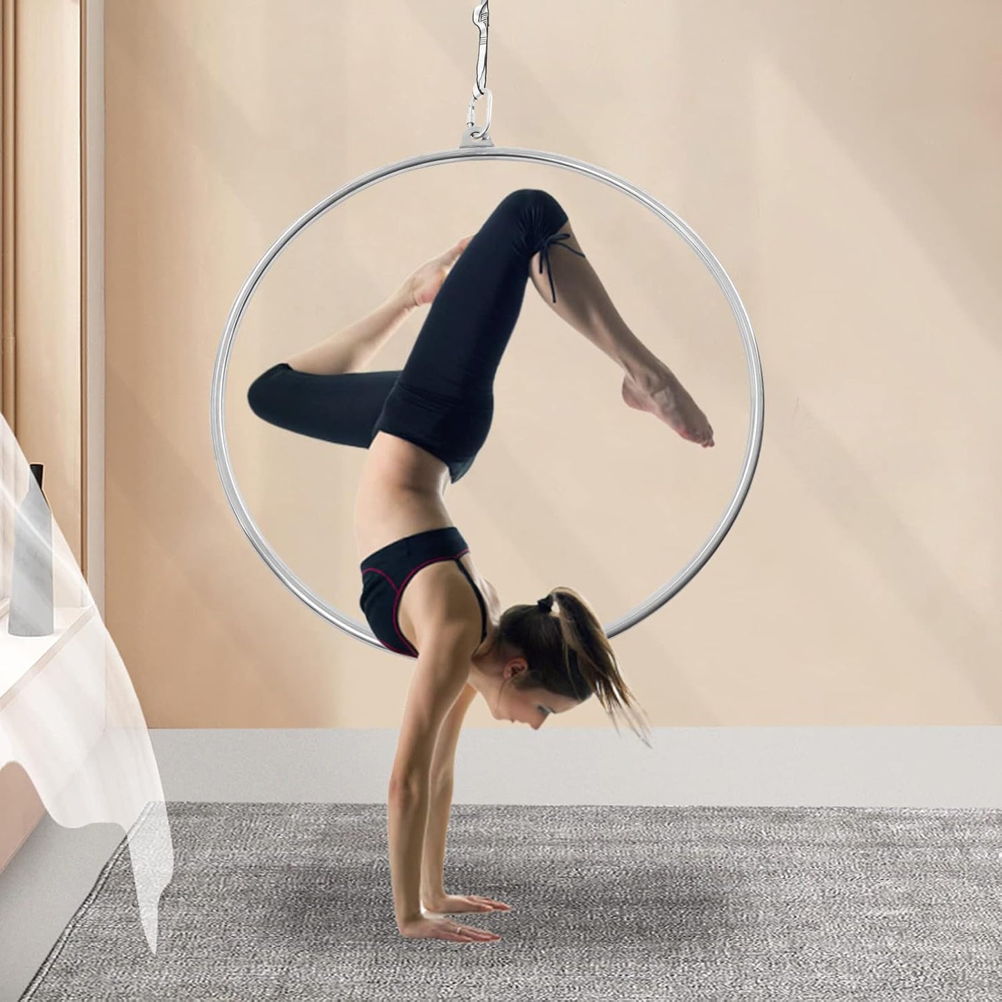 Complete Aerial Hoop Kit Professional Aerial Lyra Hoop Set Pilates Ring Single Point Yoga Ring Dancing Circus Aerial Yoga Equipment for Dancing Yoga Training,Silver
