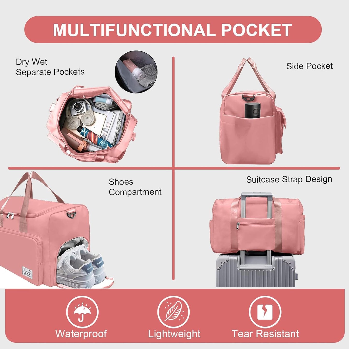 Suruid Travel Yoga Duffel Bag with Shoes Compartment Sports Gym Handbag with Dry Wet Separated Pocket for Training Men and Women, Overnight /Weekender Bag - Pink