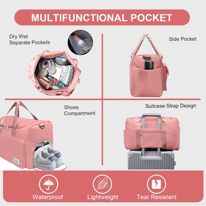 Suruid Travel Yoga Duffel Bag with Shoes Compartment Sports Gym Handbag with Dry Wet Separated Pocket for Training Men and Women, Overnight /Weekender Bag - Pink