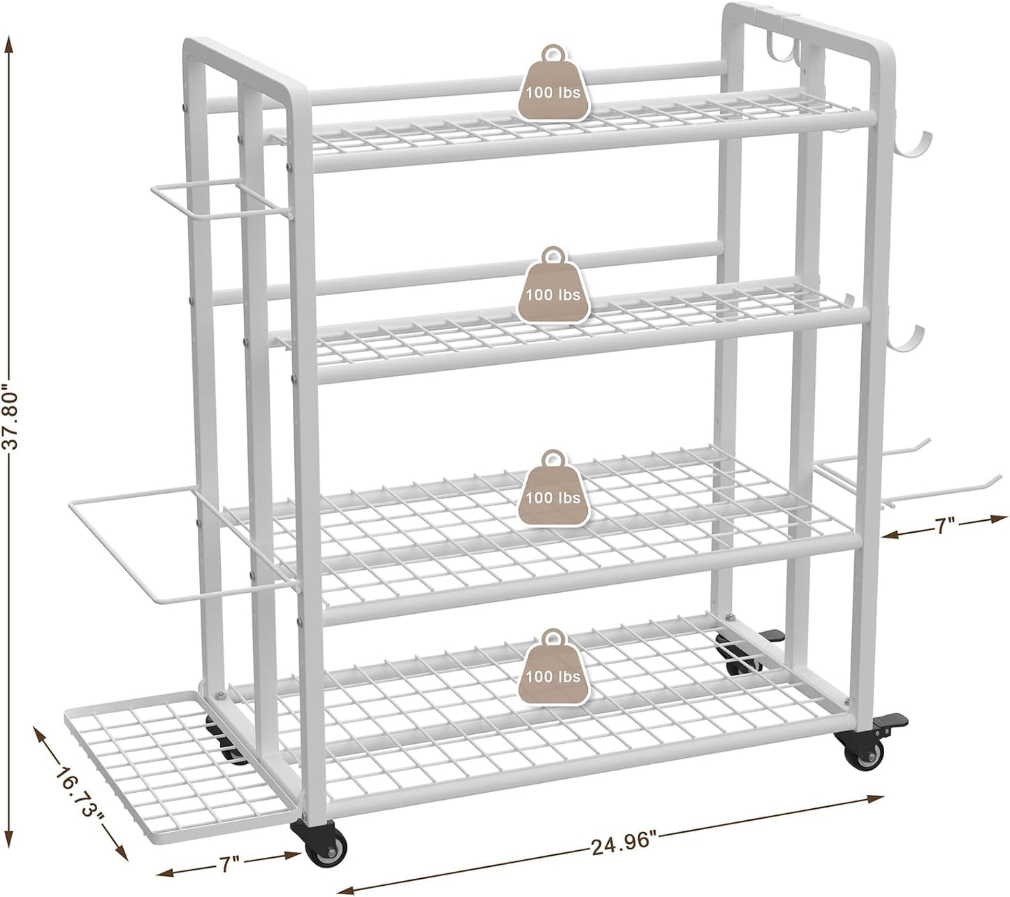 4-Tier Dumbbell Rack Stand Only, Adjustable Weight Rack for Dumbbells Kettlebells Yoga Mat, Home Gym Storage Rack with Wheels and Hooks, Powder Coated Finish