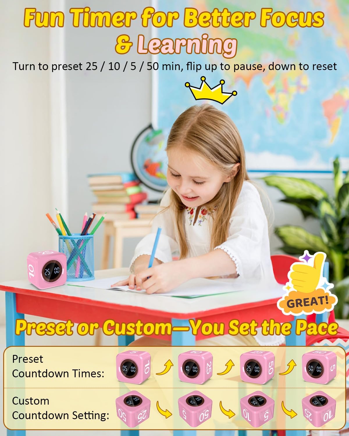 Digital Pomodoro Timer Cube 5/10/25/50min, Visual Productivity Flip Timer for Kids Classroom Desk, Custom Countdown, Silent and Sound Mode for ADHD Study Work Game Kitchen (Black)