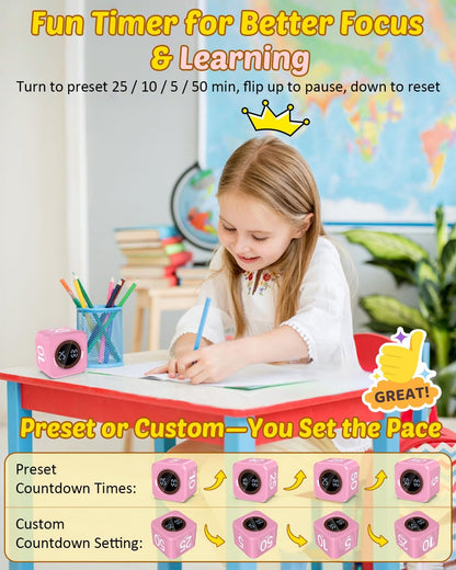 Digital Pomodoro Timer Cube 5/10/25/50min, Visual Productivity Flip Timer for Kids Classroom Desk, Custom Countdown, Silent and Sound Mode for ADHD Study Work Game Kitchen (Black)