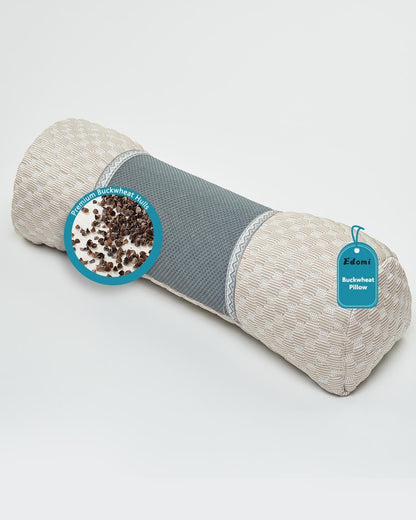 Buckwheat Hull Neck Roll Pillow -15.7" x4.7” Adjustable Firmness Cervical Support for Sleep & Yoga, Cooling Floral Cotton Cover, Ergonomic Bolster Pillow, Blue