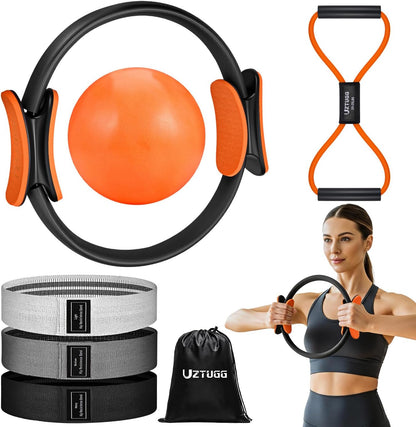 UZTUGG Pilates Equipment Kit at Home for Women, 4-in-1 Workout Essential Set with Pilates Ring, Fabric Resistance Bands, Figure 8 Resistance Band, Pilates Ball–Full Body Toning, Yoga & Stretching
