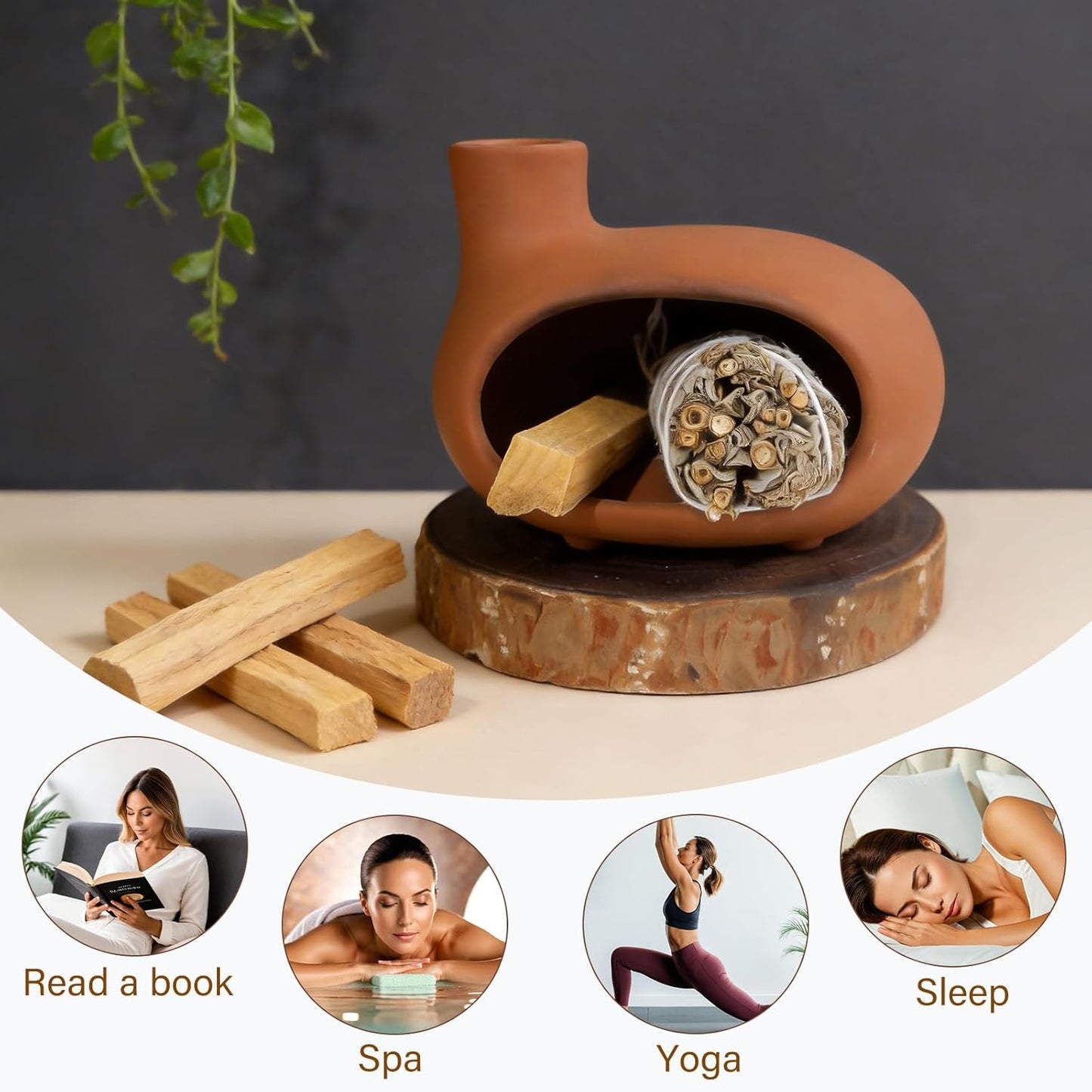 MOUGIGI Terracotta Palo Santo Holder - Modern Chiminea Incense Burner for Yoga, Meditation, and Energy Cleansing - Wood Sticks Dish, Sage Ash Catcher, Smudge Bowl, Cone Burner - Unique Meditation Gift