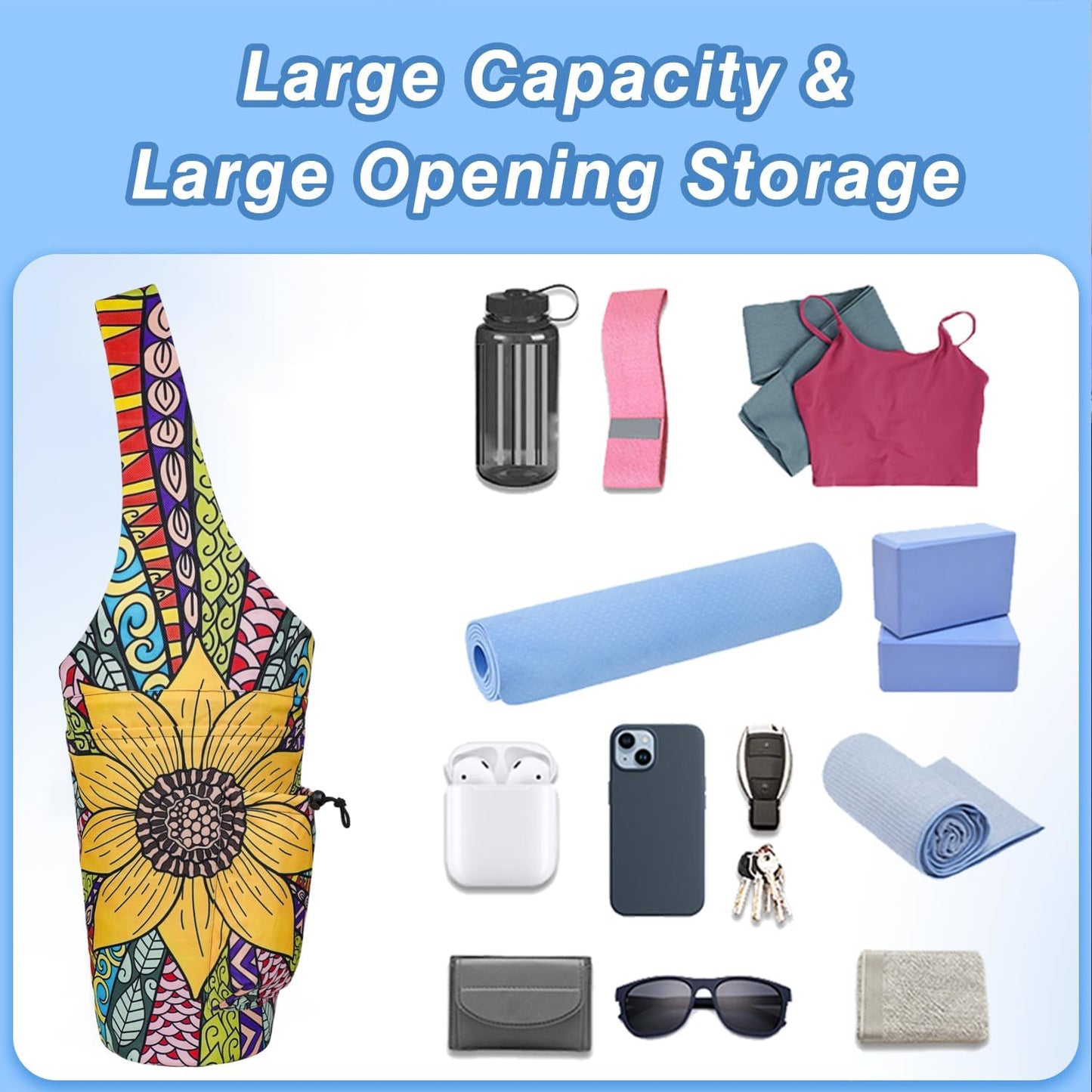 Yoga Mat Bag - Large Opening Long Tote Yoga Mat Carrier Holder Bag with Waterproof Wet Zipper Pocket and Drawstring Water Bottle Pocket - Yoga Bag Fit Most Size Mats