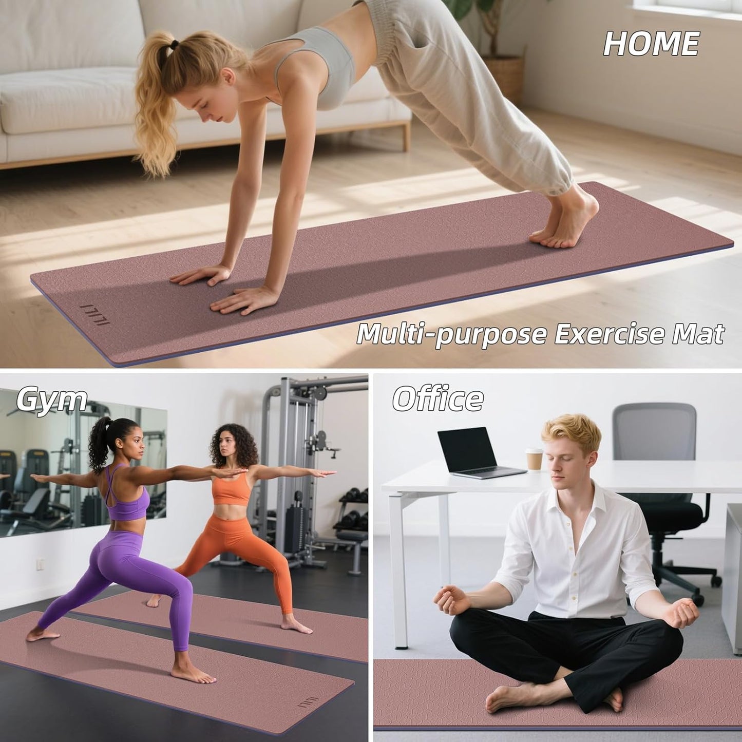 ILILI Yoga Mat 10mm Extra Thick and 193cm Extra Long, 76x28×0.4 Inch, Double Color Non-Slip TPE Material, Easy Carrying with Strap, Ideal for Yoga, Pilates, Floor Exercise, Home and Outdoor Use, Eco Friendly