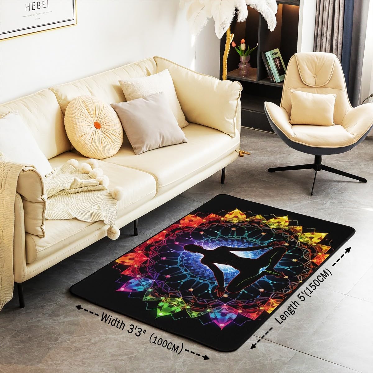 jejeloiu Yoga Chakras Area Rug 5x7, Boho Mandala Rugs for Living Room Bedroom for Kids Boys Girls Room Decor, Yoga Lover, Rainbow Chakras Indoor Floor Mat
