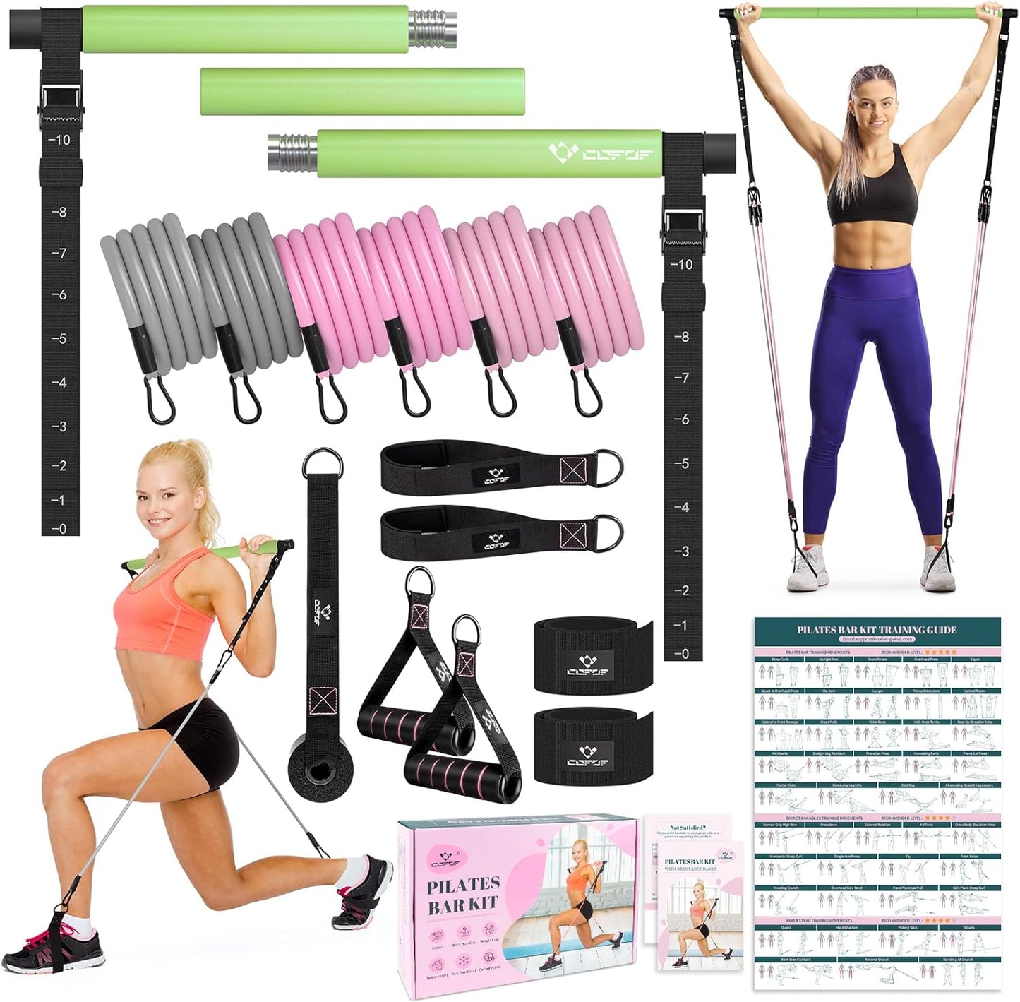 COFOF Pilates Bar Kit with Resistance Bands, Multifunctional Yoga Pilates Bar with Heavy-Duty Metal Adjustment Buckle, Portable Home Gym Pilates Resistance Bar Kit for Women Full Body Workouts