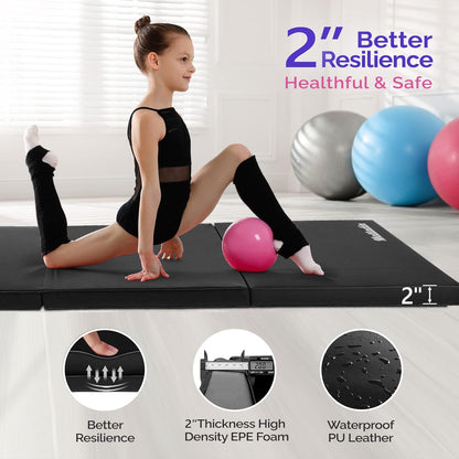 Matladin 6' Folding Tri-fold Gymnastics Gym Exercise Aerobics Mat, 6ft x 2ft x 2in PU Leather Tumbling Mats with Hook & Loop Fastener for Stretching Yoga Cheerleading Martial Arts
