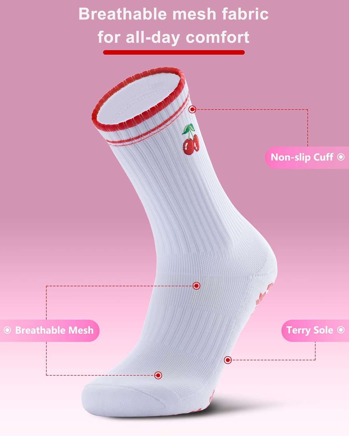 Pilates Grip Socks for Women - Embroidery Athletic Crew, Non-Skid Sticky Soles for Yoga, Barre, Workout & Hospital