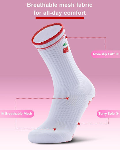 Pilates Grip Socks for Women - Embroidery Athletic Crew, Non-Skid Sticky Soles for Yoga, Barre, Workout & Hospital