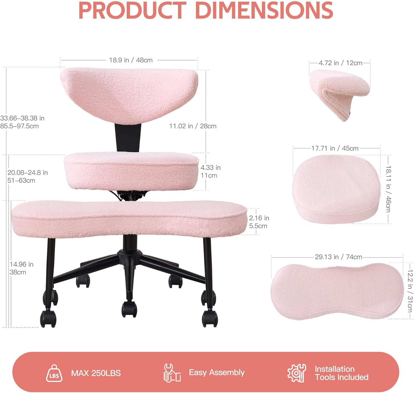 Garvee Ergonomic Cross Legged Office Chair with Lumbar Support, 360° Swivel Meditation Chair with Wheels - Adjustable Height for ADHD Desk & Yoga, Wide Criss Cross Chair, Kneeling Chair for Home, Pink
