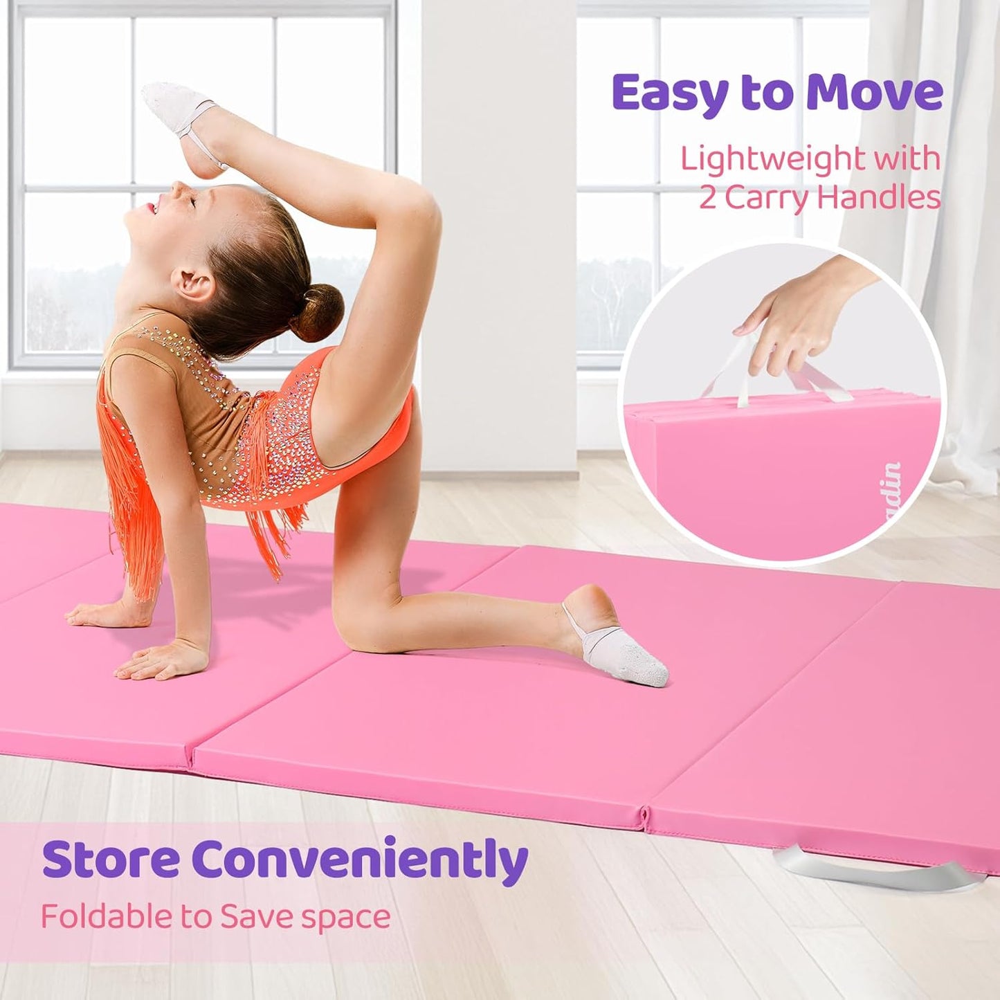 Matladin Folding Gymnastics Mat for Kids, 6'x3'x1"/8'x3'x1" PU Leather Gym Exercise Mats for Tumbling, Cheer, Yoga, Fitness, Pilates and Martial Art