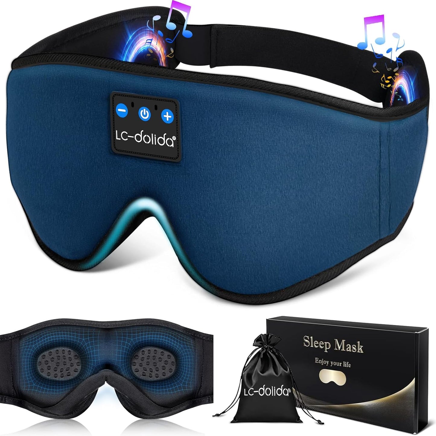 LC-dolida Sleep Headphones, 3D Sleep Mask Bluetooth Wireless Music Eye Mask, Sleeping Headphones for Side Sleepers Sleep Mask with Bluetooth Headphones Ultra-Thin Stereo Speakers Perfect for Sleeping